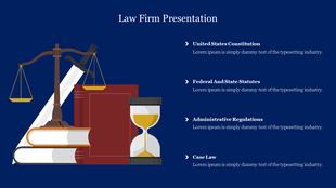Law themed slide with illustration of scales, books, hourglass and four legal categories, all on a dark blue background.