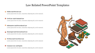 Legal template with illustrated Lady Justice and law elements on the right, and six bullet points listing types.