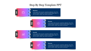 Step by step process layout with four linked rectangular sections in blue and gradient pink purple, numbered and icon.