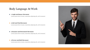 Body language slide showcasing four types of movements with descriptions and an image of a confident speaker.