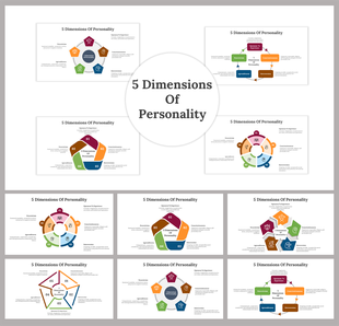5 dimensions slide deck with various colored pentagons and diagrams showing personality traits.