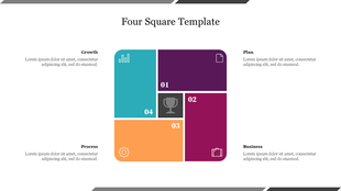 Slide shows a four-sectioned square in teal, purple, orange, and gray, each with icons and surrounding text.