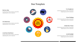 Bright infographic featuring a yellow red sun at center and eight surrounding icons representing sun safety tips.