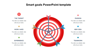 Smart goals infographic with a red target at the center, six arrows pointing inward, and labeled descriptions on both sides.