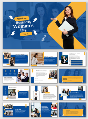 American business women's day slide deck, covering milestones, achievements, and challenges, with blue and yellow accents.