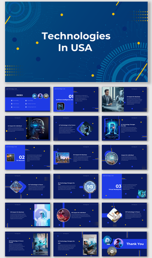 Technology-themed slide deck featuring sections on AI, 5G, and VR impact, with futuristic visuals and blue backgrounds.