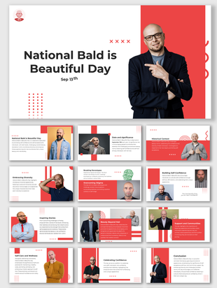 National bald is beautiful day slides featuring a bald man in a blazer with multiple subtopics.