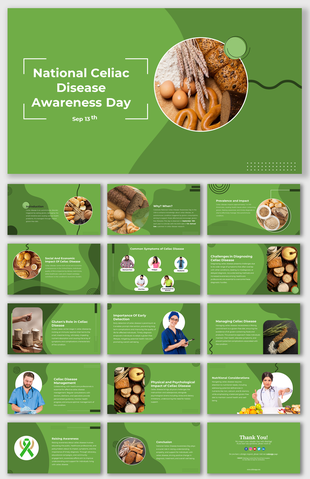 National celiac disease awareness day slides with green elements, discussing symptoms, diagnosis, and impact on patients.