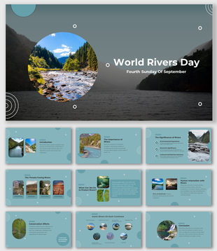 World rivers day slide deck featuring a circular photo of a river flowing through a forest with mountains in the background.