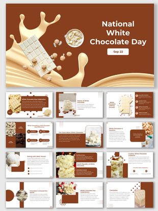 National white chocolate day slide deck banner with a chocolate bar, almonds, truffles, and flowing cream.