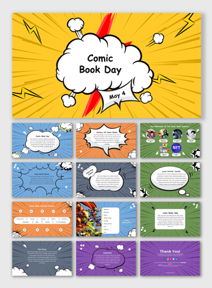 Slide deck with colorful comic style backgrounds and sections on history, genres, characters, and creation processes.