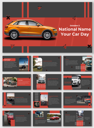 Pack of slides with an image of an orange car with geometric patterns, celebrating national name your car day on October 2.