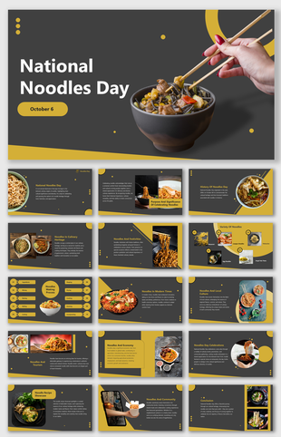 A PPT slides for National Noodles Day, featuring sections on the history, significance, variety, and cultural impact.
