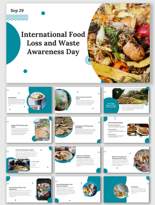 Slides discussing the importance of reducing food loss and waste, including social and environmental impacts.
