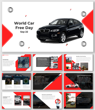Set of slides for World Car Free day, highlighting environmental impact, global participation, and practical solutions.