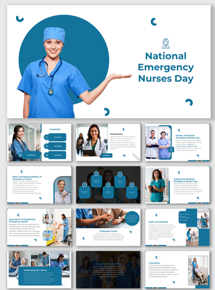 Slide deck for national emergency nurses Day, featuring sections on the roles, skills, challenges, and recognition of nurses.