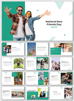 National new friends day slides featuring tips, icebreakers, and celebration ideas with engaging visuals, with green accents.