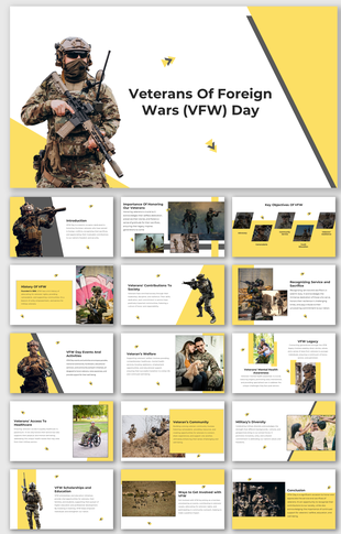 Veterans of Foreign Wars Day with soldiers in uniform, yellow-white background, and sections on service, welfare, and legacy.