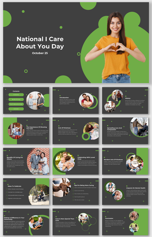 Slide deck featuring gray and green theme with circular images and text layouts about national care day.
