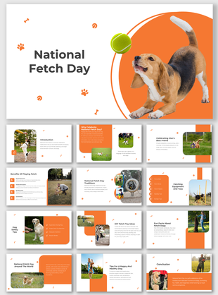 National fetch day slide deck showcasing activities, toys, and traditions for celebrating with dogs, using orange accents.