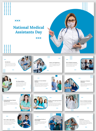 White and blue featuring medical staff images, topic headers like responsibilities and appreciation, and a central title.