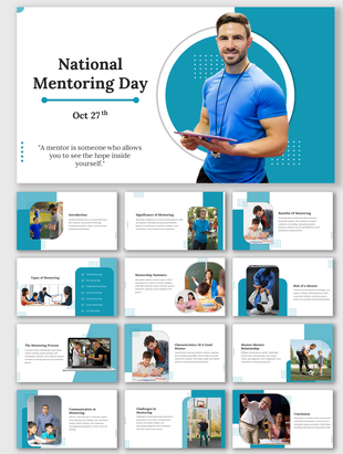 National mentoring day slide deck in a blue theme, exploring the mentoring process, challenges, and key mentor attributes.