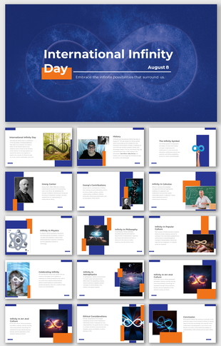 International infinity day slides, highlighting the history, physics, philosophy, and culture, using blue and orange accents.