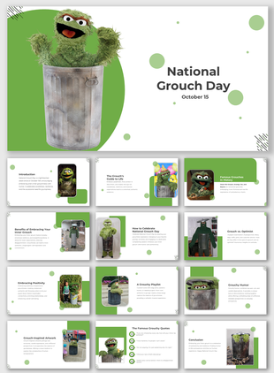 Green themed presentation slides featuring grouchy characters, humor, and playful celebration tips.