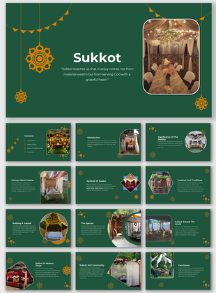 Green and orange Sukkot themed slide deck with images of decorated sukkahs, covering history, customs, and community.