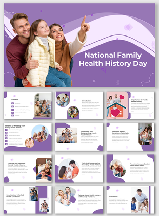 National family health history day slide deck featuring a happy family of three, with a mother pointing, and event details.