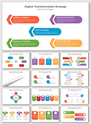 Digital transformation strategy slides with different colorful layout designs and icons with text descriptions.