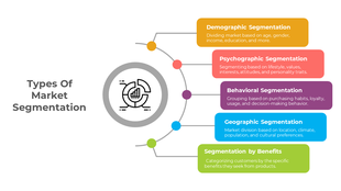 Infographic slide detailing types of market segmentation demographic, psychographic, behavioral, geographic, and benefits.