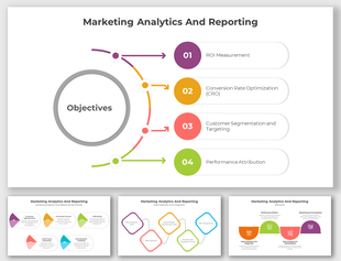 PowerPoint slides displaying four key marketing analytics objectives with colorful icons and numbered steps.