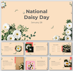 Slide deck for national daisy day, including sections on the symbolism, varieties, and benefits of daisies.