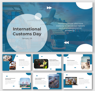 International customs day slide deck with images of an airplane, truck, and cargo ship, symbolizing global trade.