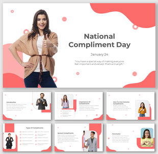 Slide deck celebrating national compliment day, showcasing diverse people and red wave elements on a white backdrop.