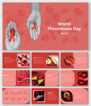 Red-themed graphic for world thrombosis day slide deck with ribbons and background blood cell pattern.