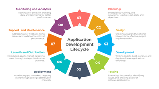Application development lifecycle infographic featuring a circular design with eight colored sections.