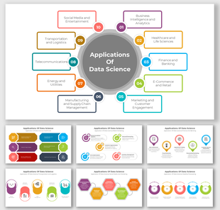 Slide deck showing data science uses in fields including analytics, banking, and logistics, with colorful connected shapes.