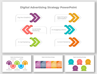 Slide deck on digital advertising strategies with colorful arrows, circles, and rectangles, showing strategies and steps.