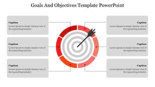 Target infographic with red gradient rings, a dart hitting the center, and six gray text boxes for goals and objectives.