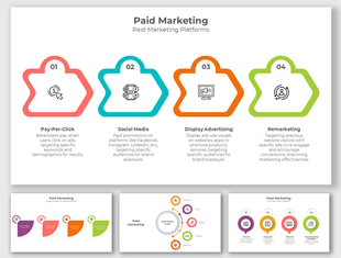 Paid marketing platform slides showcasing various colorful layout designs with icons and text descriptions.