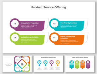 A pack of product service offerings slides with various colorful layout designs and icons with text descriptions.