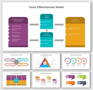 Team effectiveness model slide deck with flowcharts, process diagrams, and colored boxes showcasing the structure.