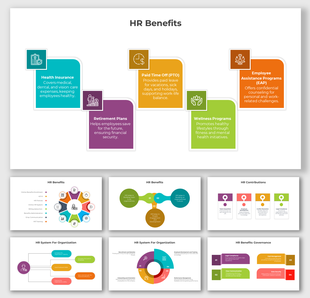 HR benefits with colorful block layout highlighting insurance, PTO, retirement, wellness, and employee support programs.