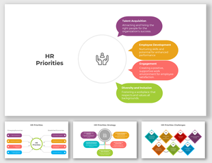 Infographic slide deck on HR priorities, featuring labeled speech bubbles surrounding a central icon, with emphasis. 