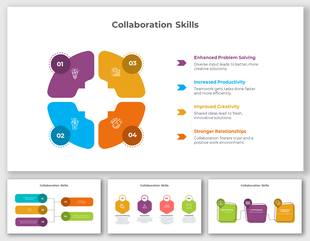 Collaboration skills slides, featuring colorful icons and sections with arrows indicating creativity and teamwork.