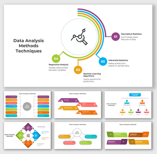 Data analysis slides with flowcharts, icons, and colored segments for statistical methods and machine learning algorithms.