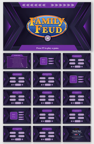 Family feud slides with purple and black design, featuring multiple choice questions and answer buttons for gameplay.