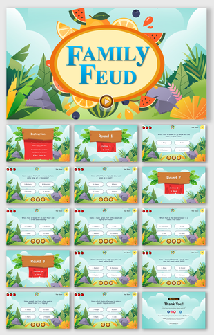 Colorful family feud quiz template featuring fruit-themed backgrounds and multiple slides for rounds and instructions.